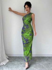 Vestido de noche de lujo para mujer, vestido sexy sin mangas con cuello asimétrico y estampado de teñido anudado - Verde lima - Ver 5