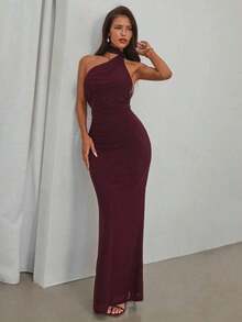 Vestido rojo sólido sin espalda con cuello halter, adecuado para citas, fiestas de Navidad y eventos de noche - Morado - Ver 4