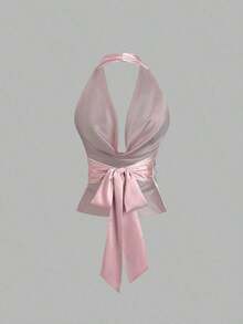 Camiseta de satén con escote en pico y lazo para mujer, de unicolor - Rosa - Ver 2