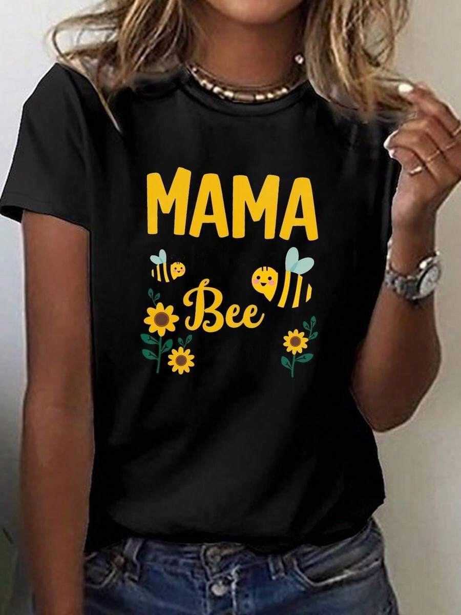 1 Piece, Classic And Versatile Pure Cotton Short-Sleeved T-Shirt, Suitable For Any Season, With Adorable Bee And Flower Design For Women, Modern Style - 黑色 - 查看 1