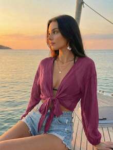 Swim Vcay Kimono corto de manga larga de unicolor y uso diario minimalista para mujer - Rojo violeta - Ver 2