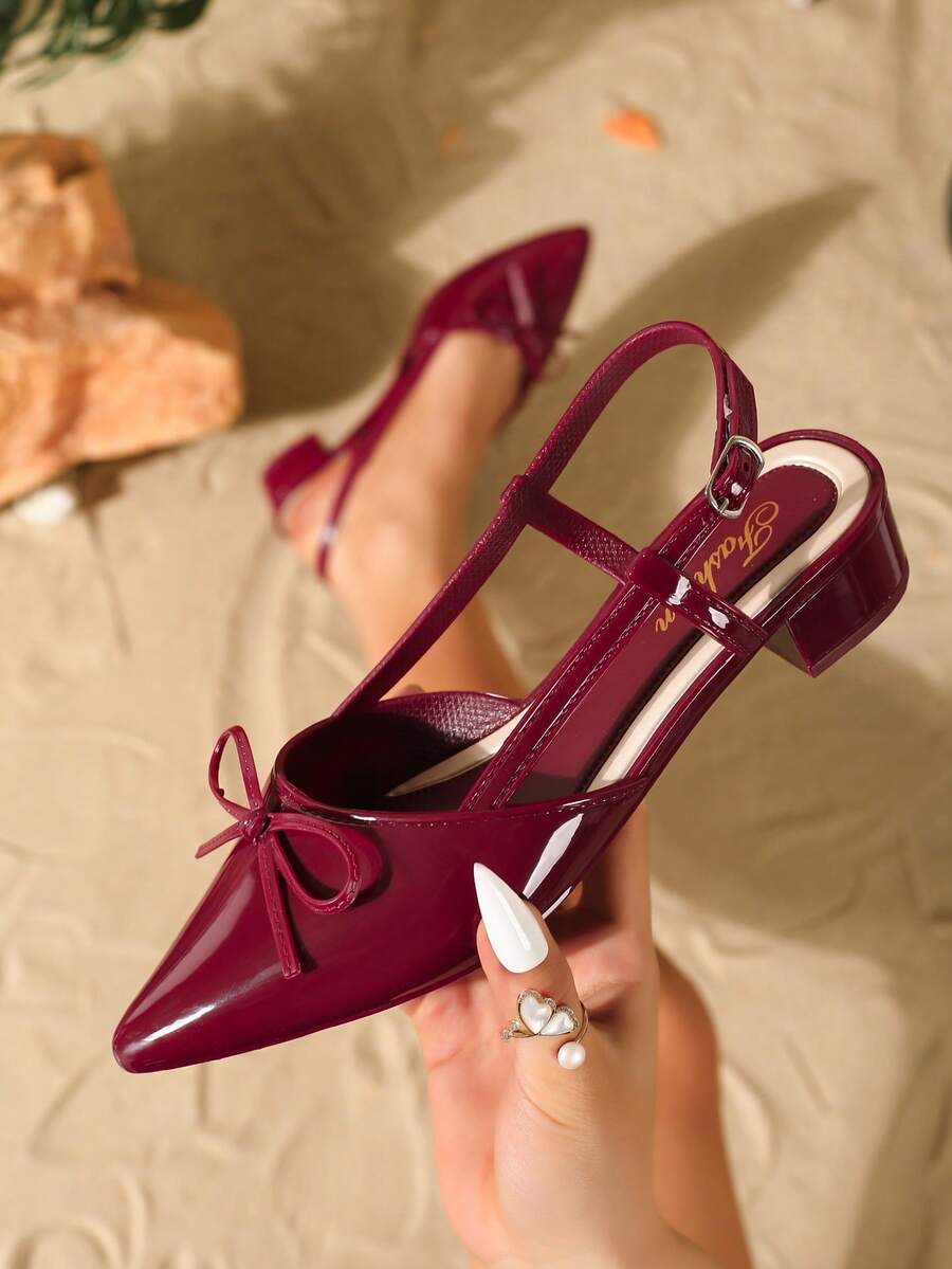 Giày sandal nữ mũi nhọn, thắt nơ, gót chunky, kiểu dáng thường ngày, đế dày, quai cài, hở mũi, thanh lịch, thích hợp cho các hoạt động ngoài trời, màu đỏ rượu vang.