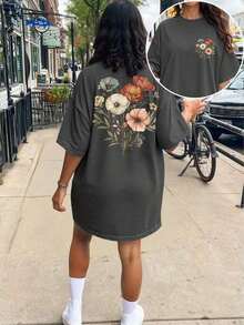 Plus Size Short-Sleeved T-Shirt With Round Neck, Dropped Shoulders And  Face Print - 深灰色 - 查看 5