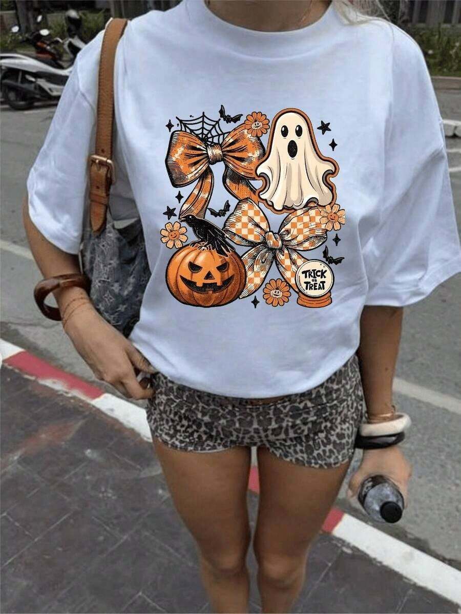 Halloween, Day Of The Dead Women's Plus Size Graphic T-Shirt - Pumpkin And Bat Print, Loose Fit With Short Sleeves And Crew Neck, Breathable Sweat-Wicking Fabric, Unisex Gift For Spring, Summer And Year-Round Wear - 多色白色 - 查看 1