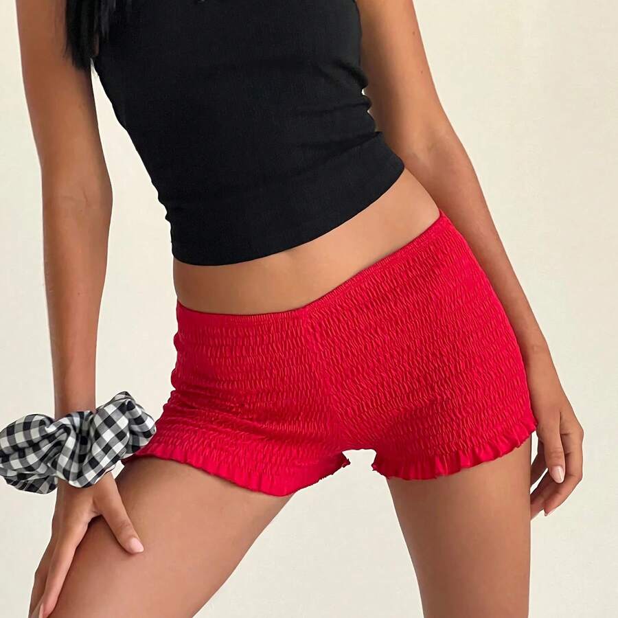Pantalones cortos fruncidos de verano para mujer, pantalones cortos informales con cintura elástica, Color sólido, con volantes - Rojo - Ver 1