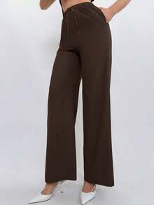 Conjunto de top halter y pantalones de color café claro, estilo sencillo para ir al trabajo - Marrón - Ver 3