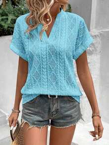 Camiseta suelta de mujer de manga de murciélago con escote en pico, de tela texturizada de unicolor, para verano y vacaciones - Azul - Ver 1
