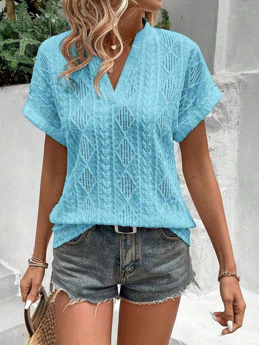 Camiseta suelta de mujer de manga de murciélago con escote en pico, de tela texturizada de unicolor, para verano y vacaciones - Azul - Ver 1