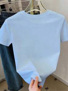 Crew Neck T-Shirt With Slogan Print And Minimalist Floral Embroidery In Plus Size - Celeste - View 2
