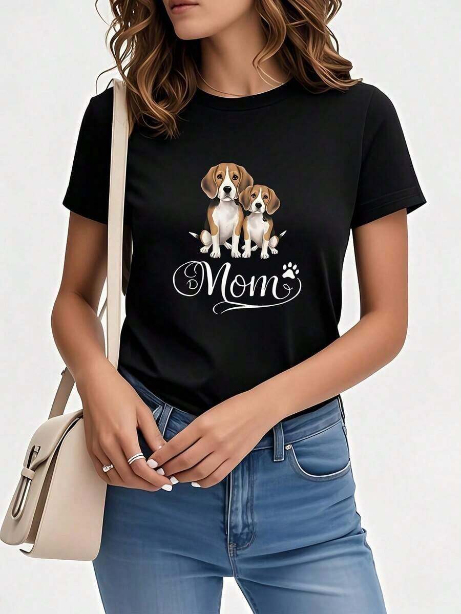 Adorable Beagle Dog Mom Graphic Tee For Women - Casual Short Sleeve Crew Neck Tee, Lightweight And Breathable Fabric, Perfect For Casual Outfits, Mother's Day Gift, Or Everyday Comfort | Playful Graphic Tee | Comfortable Fit - 黑色 - 查看 1