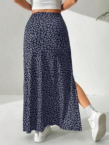 Falda larga con diseño floral pequeño y abertura en el dobladillo - Azul marino - Ver 2