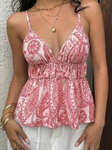 Camiseta sin espalda con volantes y estampado bohemio de verano para mujer - Rosa - Ver 7