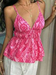 Camiseta sin espalda con volantes y estampado bohemio de verano para mujer - Rosa Fucsia - Ver 7
