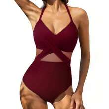 Nuevo traje de baño de una pieza con diseño cruzado, bikini sexy de una pieza con espalda descubierta y detalles de malla para mujer. - Negro - Ver 4