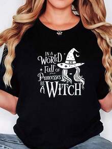 100% Cotton Black T-Shirt For Women - In A World Full Of Princes, Be A Witch. This Witch-Themed T-Shirt Is Comfortable And Casual, With Short Sleeves And A Round Neck, Making It Suitable For Spring And Summer. The Playful And Cute Witch-Style Design Is Comfortable To Wear And Perfect For Halloween. - 黑色 - 查看 7