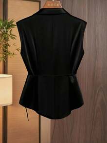 Camisa de mujer con estampado de flores silvestres, cuello, sin mangas, con lazo en la cintura - Negro - Ver 2