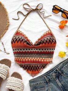 Nuevo atuendo casual de vacaciones, boda en la playa, invitado de boda, graduación, brunch, Día de San Patricio, vacaciones de primavera, Pascua, festival de música, elegante, bohemio, tropical, blusa de atar al cuello con espalda anudada, camiseta - Multicolor 2 - Ver 6