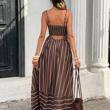 Women's Striped Ruffle Hem Casual Spaghetti Strap Dress,Summer Dresses For Women - Marrón - Ver 8