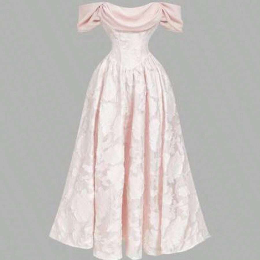 MOD Apricot Open Shoulder Mid-Length Dress, Ball Gown, Prom Dress White.Ivory Off-Shoulder Jacquard Maxi Dress, Vintage Princess Style, Wedding Guest Dress, Bridal Gown, Party, Evening, Banquet, Formal, Textured Fabric, Ball Gown, Ruched Bodice, A-Line Silhouette, Elegant, Romantic, Classic, Soft Satin, Floor Length, Puff Sleeves, Fairytale, Ceremony, Reception, Engagement, Anniversary, Dinner, Flowy Skirt, Couture, Luxury, Occasion, Special Event, Prom, Timeless, Modern, Chic, Fashionable - Rosa Pálido - Ver 1