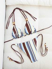 Women's Striped Beaded Spaghetti Strap Triangle Bikini Set, 2-Piece Summer Holiday Beach Swimwear, Brazilian June Festival Ladies Outfit - Multicolor - View 4