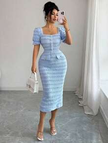 Nuevo vestido midi de punto texturizado con cuello cuadrado y mangas cortas, silueta elegante y versátil ajustada para mujeres - Azul - Ver 8