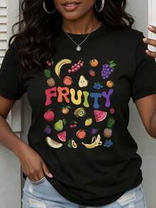 Camiseta Casual con Estampado de Frutas para Mujer, Camiseta de Verano con Diseño Gráfico de Frutas Coloridas, 100% Algodón, Duradera - Negro - Ver 7