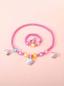 5pcs/Set Perhiasan Manik-Manik Unicorn Anak-Anak Kalung Gelang Jepit Telinga Cincin Aksesoris Kartun Lucu untuk Anak Perempuan - Satu-Ukuran - View 5