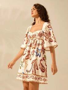 Vestido corto casual de vacaciones vintage con estampado floral tropical bohemio para mujer - Multicolor - Ver 4