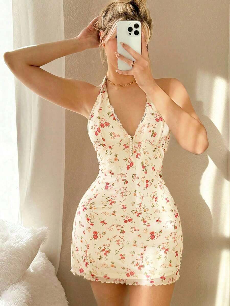 Vestido floral Y2K para mujer - Atuendos de salida primaveral, vacaciones de verano y primavera con estampado floral sexy de halter y mini para uso diario - Multicolor - Ver 1