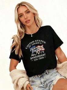 Graphic2026 NUEVO - Camiseta Conmemorativa del 250º Aniversario con la Bandera Americana, Cuello Redondo, Tela Suave y Cómoda, Camiseta Casual Unisex para el Día de la Independencia Americana, Shorts de Mezclilla Azul Claro a Juego, Camisetas Gráficas para Mujer, Blusas Bonitas de Mujer, Conjuntos de Verano para Mujer, Top de Verano con Cuello Redondo - Negro - Ver 6