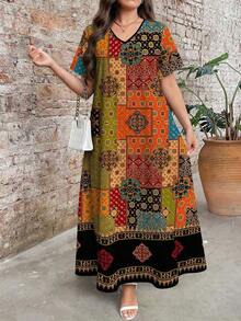 Plus Size Women's Retro Floral Print V-Neck Short Sleeve Maxi Dress, Elegant Summer Holiday Dresses - 多色 3 - 查看 4