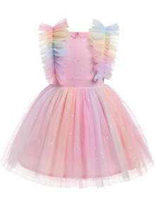 Infant Girls Elegant Cute Star Ruffle Mesh Princess Dress, Formal Gown For Birthday Party, Flower Girl, Vacation - Pink - View 10