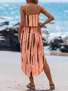 Vestido midi sin mangas con efecto tie-dye, con cintura ajustable y abertura, para el verano - Rosa - Ver 2