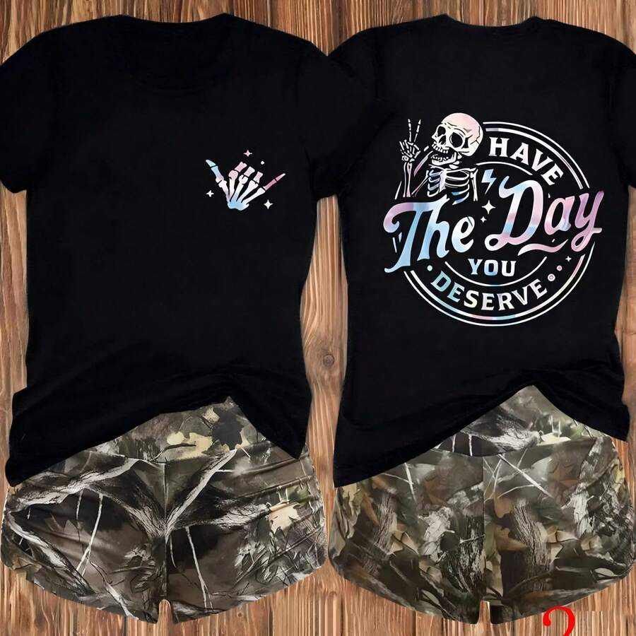 Camiseta Estética 'Ten El Día Que Te Mereces' con Diseño de Esqueleto |   Camiseta Premium 100% Algodón de Peso Pesado |   Ropa con Diseños de Amabilidad Viral |   Top de Verano Estilo Retro Vintage |   Suave, Transpirable, Casual, Regalo Inspirador ZVRH - Negro - Ver 1