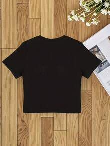 Camiseta corta roja de inspiración Y2K para mujer con estampado "Expensive & Difficult" - Manga corta, cintura alta, esencial para la moda casual de verano, ropa informal. | Estampado Divertido | Tela elástica, camiseta corta para mujer, diseño de cintura alta, top de manga corta, regalo perfecto para cumpleaños, Día de la Madre, Día de San Valentín. - Negro - Ver 2