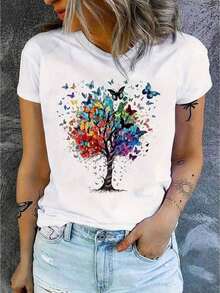 Camiseta mujer estilo artístico estampado árbol de mariposas coloridas diseño creativo tela suave holgada cuello redondo manga corta primavera verano - Blanco - Ver 1