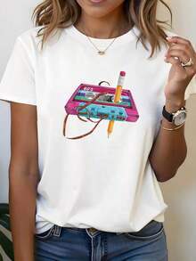 Women's Retro Ribbon Print Music Festival Casual T-Shirt - 80s Music And Fashion Collision Design, Short Sleeve Crew Neck T-Shirt, Spring/Summer, Minimalist Style, Graphic Sweatshirt, Vintage Cotton Clothing, Streetwear, Spring/Summer T-Shirts, Tops, Summer T-Shirts, Spring Sets, Funny T-Shirts, Matching Couple Sets, Matching Holiday Sets, 100% Cotton, Durable - 白色 - 查看 1