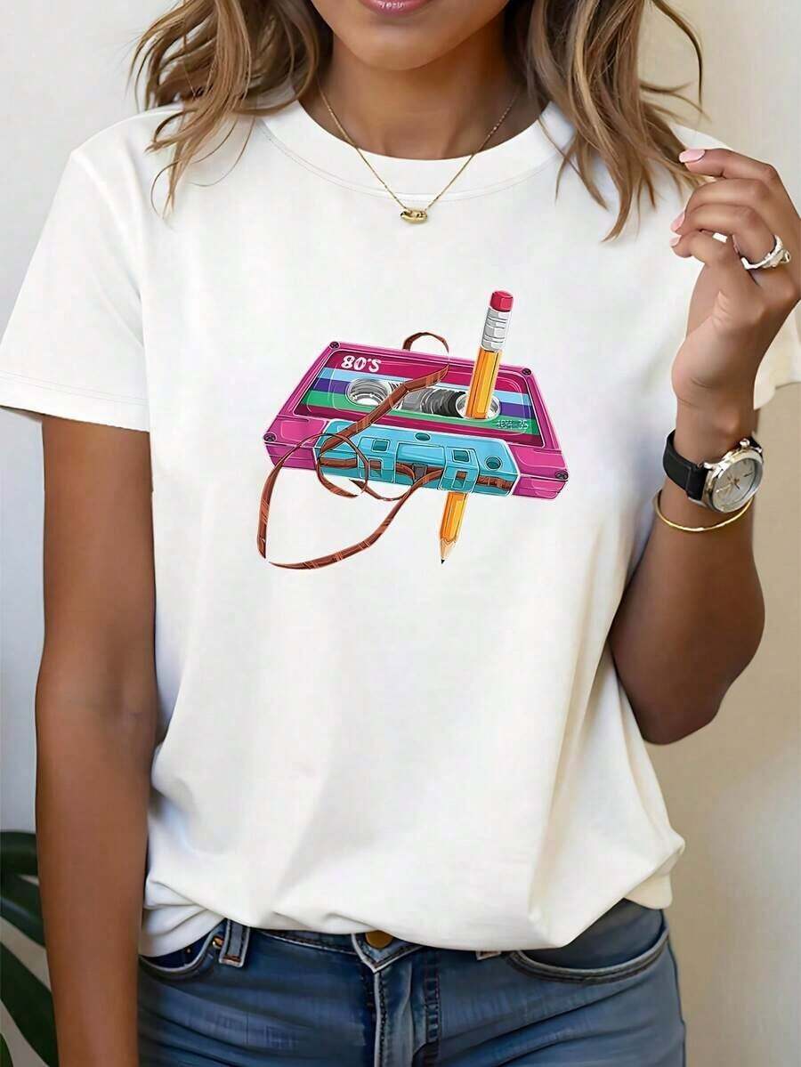 Women's Retro Ribbon Print Music Festival Casual T-Shirt - 80s Music And Fashion Collision Design, Short Sleeve Crew Neck T-Shirt, Spring/Summer, Minimalist Style, Graphic Sweatshirt, Vintage Cotton Clothing, Streetwear, Spring/Summer T-Shirts, Tops, Summer T-Shirts, Spring Sets, Funny T-Shirts, Matching Couple Sets, Matching Holiday Sets, 100% Cotton, Durable - 白色 - 查看 1