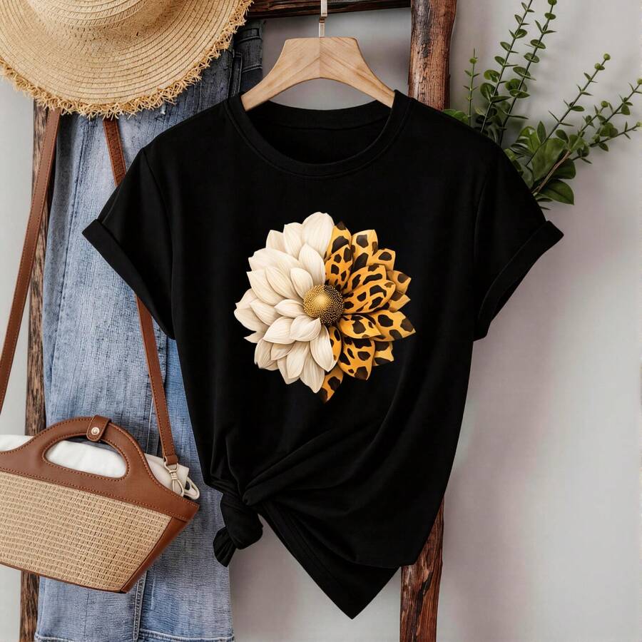 Camisetas de manga corta para mujer Estampado gráfico adorable Diseño de estampado de leopardo floral Holgado Ropa casual para el día a día al aire libre |Top de verano para mujer - Negro - Ver 1