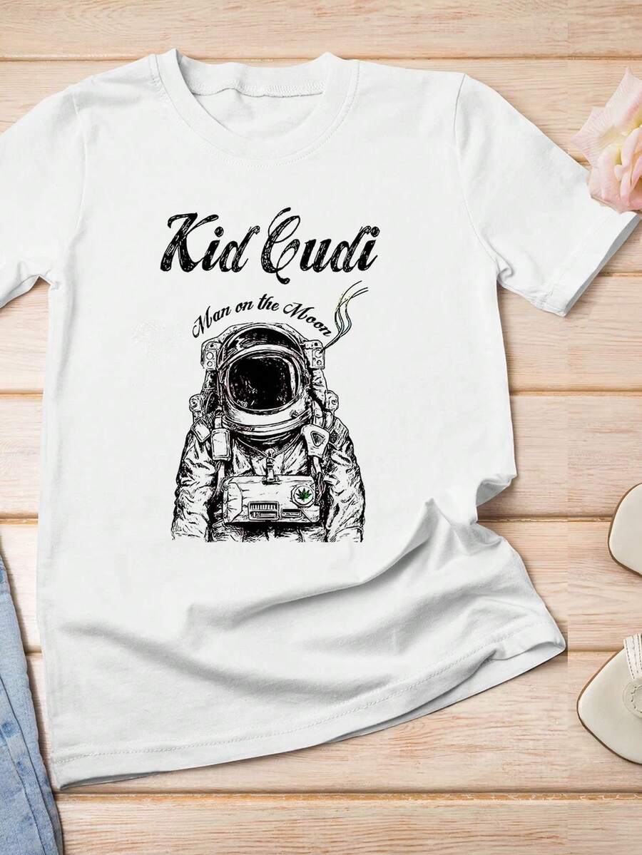 Summer Outfit For Women Kid Cudi Man On The Moon Astronaut Graphic White T-Shirt Acrylic Pendant Ornament For Home Decor & Fashion Accessory Holiday - 白色 - 查看 1