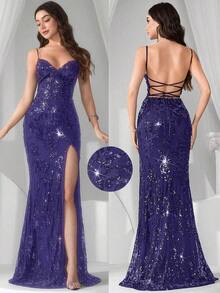 Vestido de noche con abertura alta en el muslo, con lentejuelas y diseño de patchwork, con espalda descubierta y silueta de sirena para mujer - Morado - Ver 1