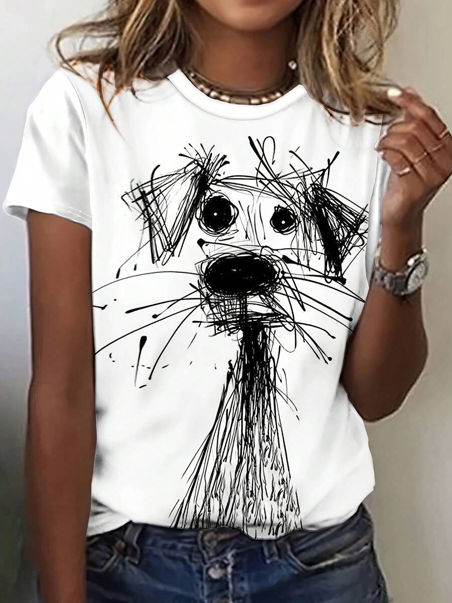 Camiseta Casual de Manga Corta para Mujer - Estampado de Perro y Hueso, Cuello Redondo, Diseño en Blanco y para Amantes de las Mascotas, Blusa Lavable a Máquina para Atuendos Informales - [Blanco] - Ver 1