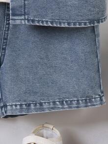 2026 New Boys' Summer Denim Set, Casual Solid Color Light Blue Short Sleeve Denim Shirt And Shorts 2pcs Outfit - Dark Wash - View 6