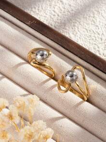 Bộ 2 chiếc nhẫn hở bằng thép không gỉ kiểu dáng tối giản, màu vàng và bạc, thích hợp cho nữ giới đeo hàng ngày hoặc làm quà tặng. - Nhiều màu - Xem 2