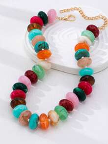 Colorful Swirl Bead Choker Necklace, Boho Style Flat Round Bead Exaggerated Necklace, Retro Multi-Color Resin Bead Chain Necklace For Women, Suitable For Summer, Vacation And Daily Wear - Multicolor - View 14