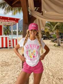 Women's Soft Cotton Casual T-Shirt With "Summer Babe Cocktail Club" Print, Breathable And Comfortable, Round Neck, Ideal For Everyday Wear, Tropical Beach Style And Relaxed Outfits - 白色 - 查看 6