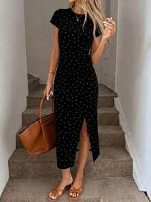 Vestido midi casual de mujer con estampado de lunares, cintura retorcida y abertura alta sin mangas; Vestido ajustado texturizado casual de mujer; Conjunto de fitness de mujer; Vestido de invitada de boda de mujer; Atuendo de oficina de mujer - Multicolor 9 - Ver 3