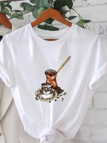 T-Shirt With Traditional Turkish-Inspired Graphic Print, Casual Short-Sleeved Round-Neck Top For Summer And Spring, Women's Clothing - 白色 - 查看 6
