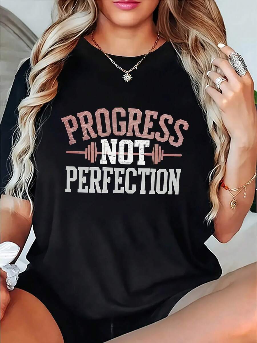 Women's And Unisex Black T-Shirt With Pink Weightlifting Design - Motivational "Progress, Not Perfection", Soft And Breathable Midweight Fabric, Short Sleeve And Crew Neck, Suitable For Casual Wear And Machine Washable - 黑色 - 查看 1