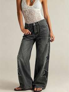Women's Jeans With Pockets Stylish Mid Rise Casual Star Patch Wide Leg Denim Pants - Dark Grey - View 1
